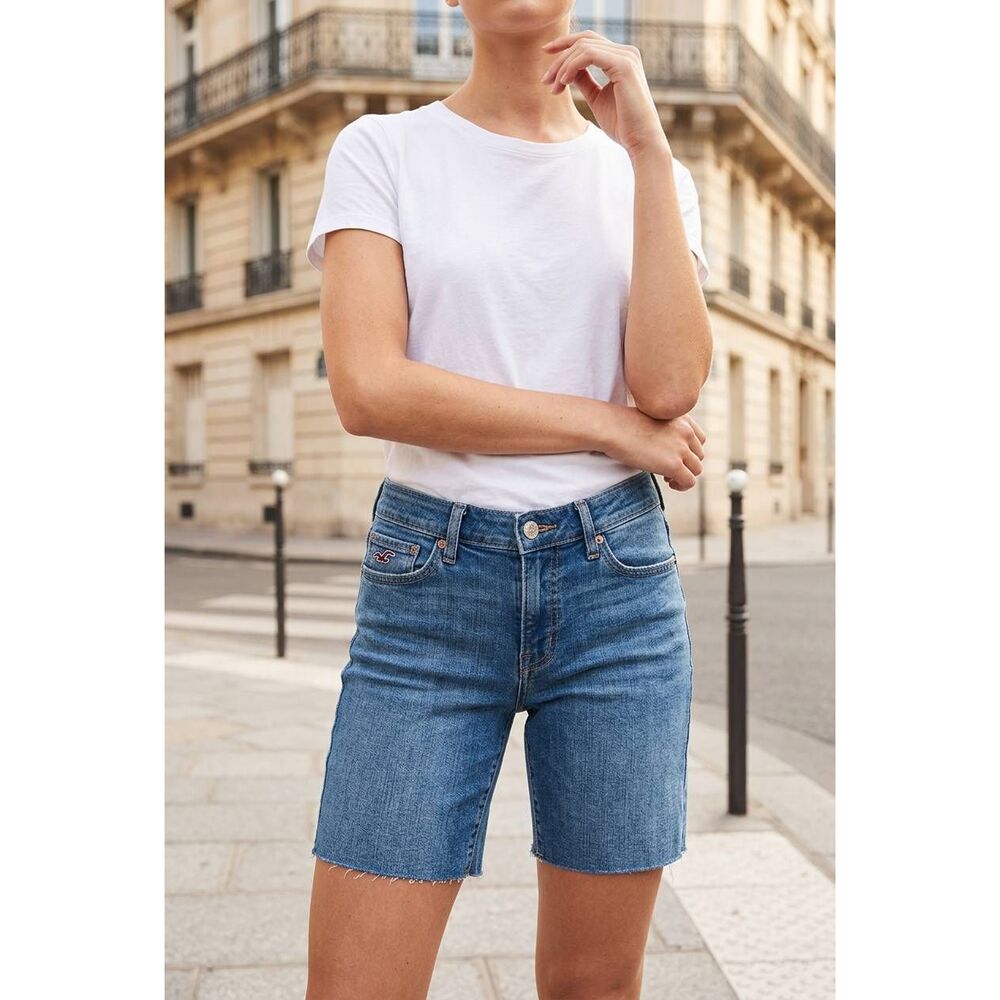 💜Hollister Blue So Cal Stretch Raw Hem Bermuda Denim Shorts Size 7